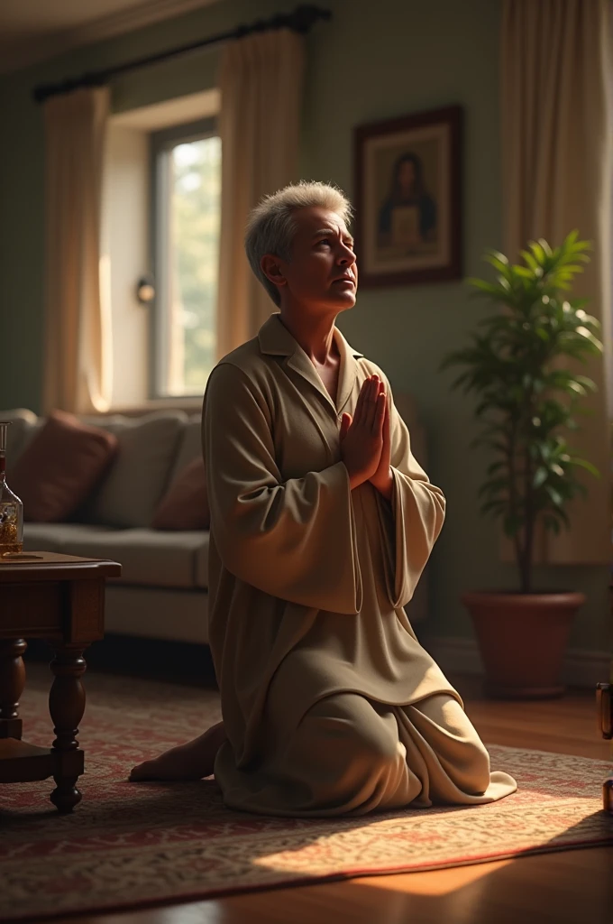 A realistic person praying at home.