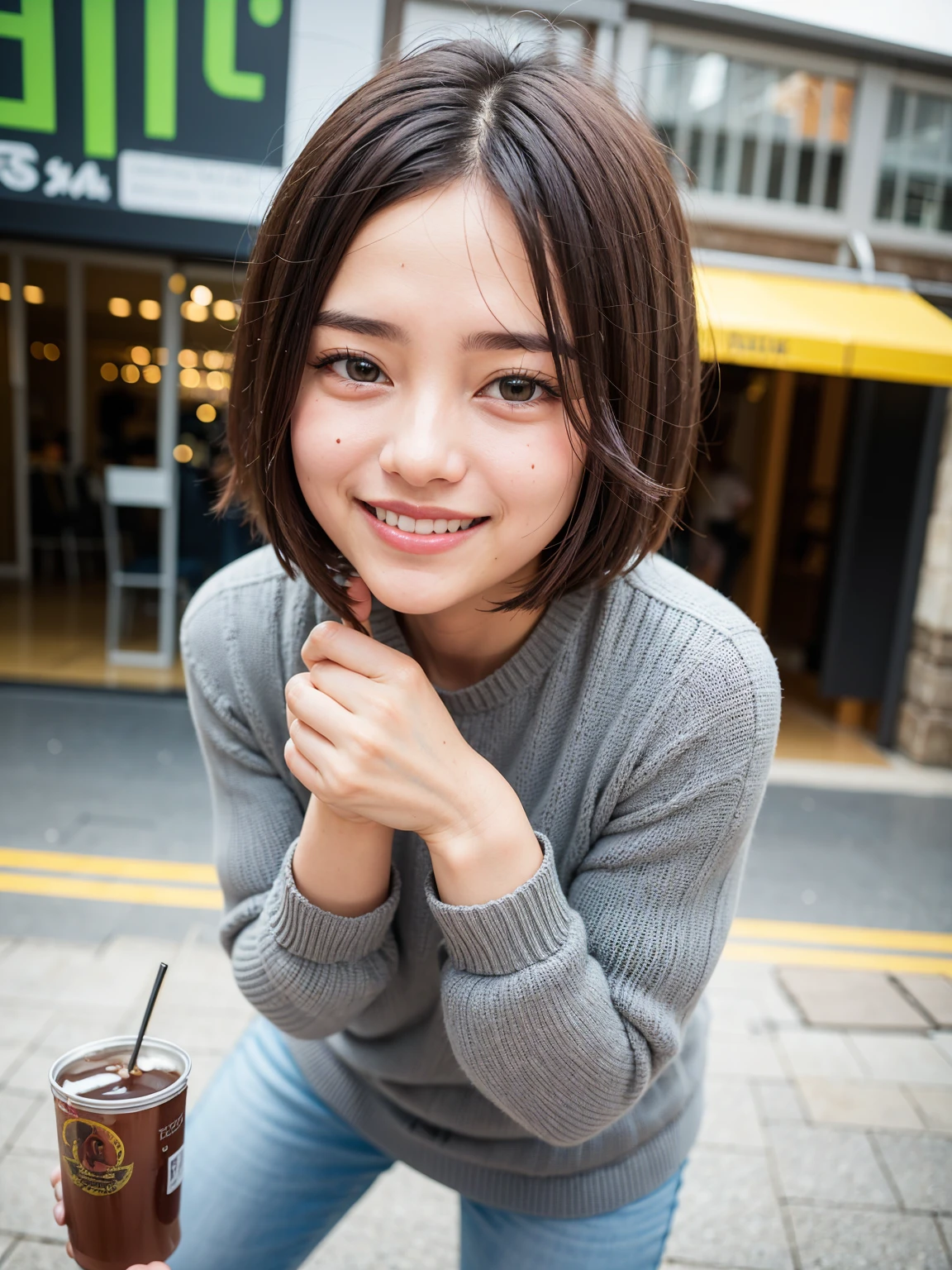 Top Quality, 1 beautiful woman, A boyish yet charming beauty with short, tousled hair, radiates warmth and joy as she smiles brightly. Her casual, stylish attire highlights her playful and confident personality. Her smile lights up the scene, capturing the essence of a carefree and charismatic woman.