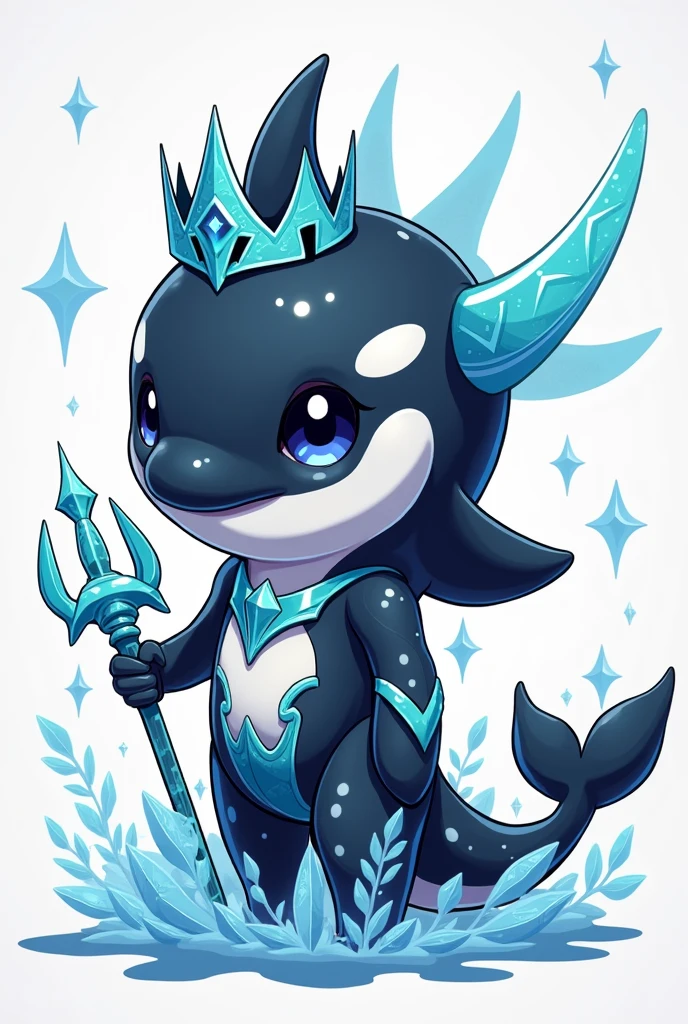 A chibi baby black orca with icy scales and frosty accents. Ice armor and holding a mini trident.
Wearing a crown. Its the prince of the sea. Style : Ken Sugimori, 2d , anime, Full-body, t pose, 4k , HDR, highest quality, cel shaded.
Its a digimon