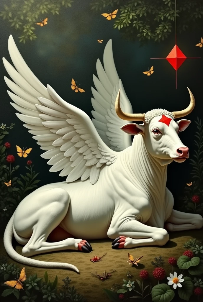 {{Masterpiece, best quality, oil painting, by Gustave Moreau, male focus, muted colors}}, the composition is: (((((a dramatic portrait of a reclined winged white ox, with a red diamond shape on its forehead))))). Moths flying, jungle background.