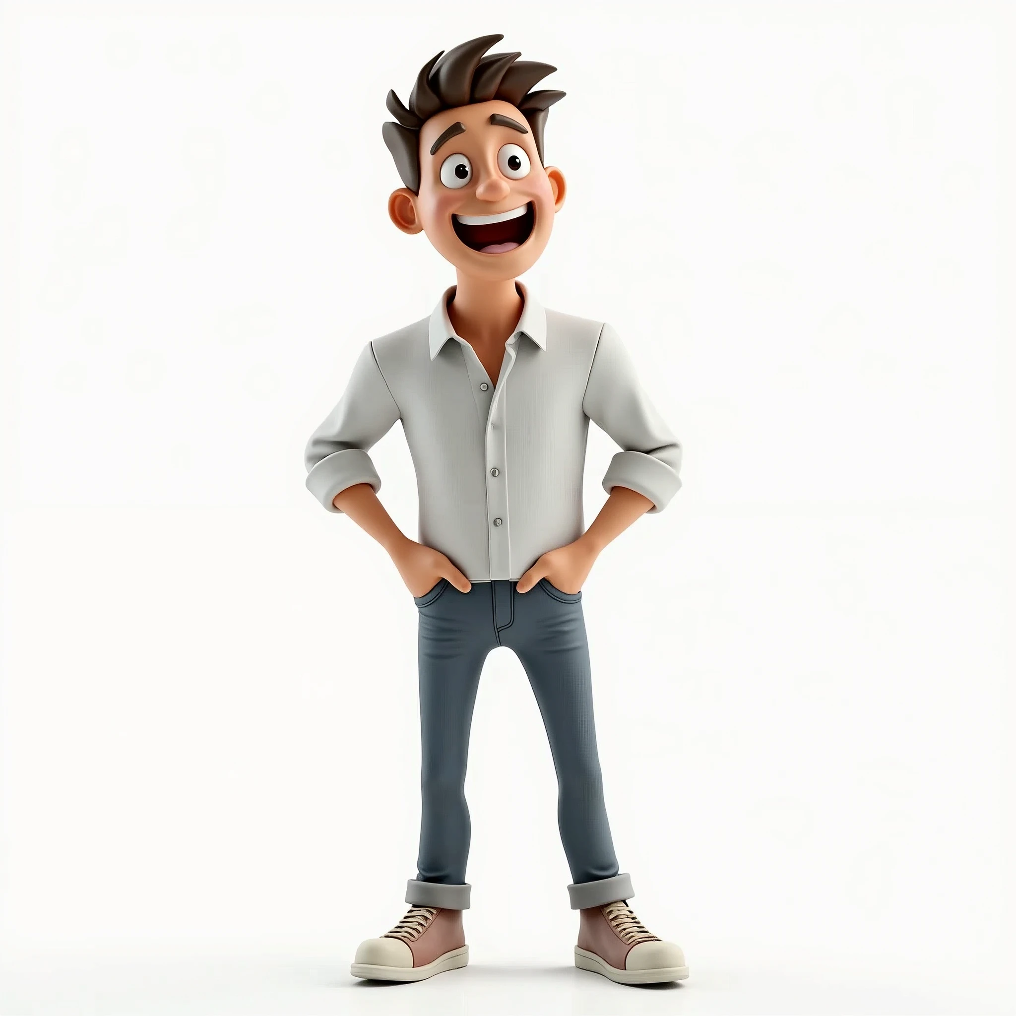 Create an image of an excited salesperson. The salesperson should have their hands in their pockets (ensuring that the hands are not visible) and should not be carrying anything. The background should be completely white, with no other details. The salesperson should be smiling and looking forward with anticipation. EasyNegative, (worst quality, low quality:1.4), (((deformed))), distortions in the hands, face, and other parts, more than 1 character, hands visible
