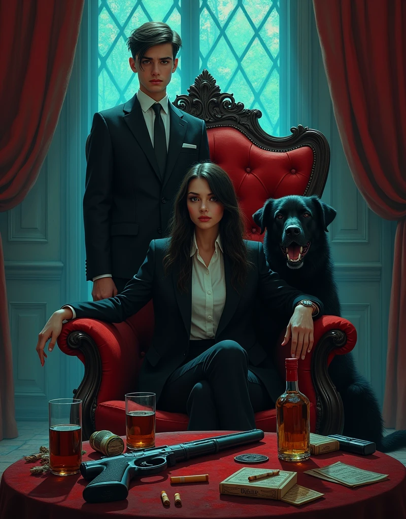 A scary aristocratic house with red and black decor
A blue and green lighting 
and a young woman in a black suit sitting on a large aristocratic red chair
And a one young man is standing next to her with a scary smile and a black big Dog 
A table on which there are cigarettes and alcohol and gun 