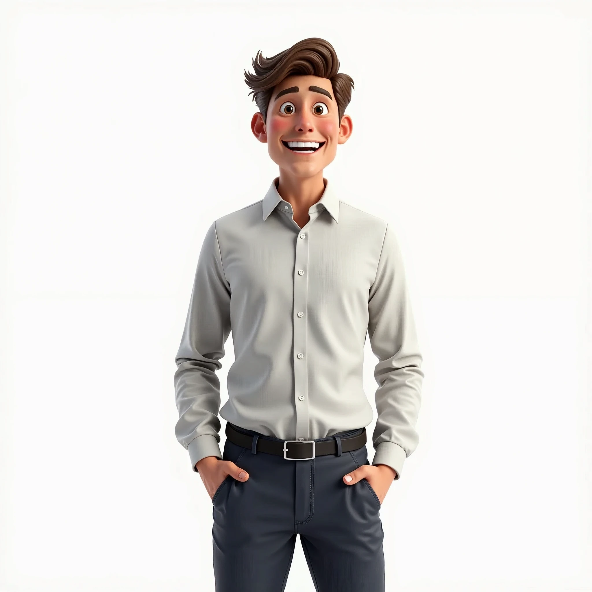 Create an image of an excited salesperson. The salesperson should have their hands in their pockets (ensuring that the hands are not visible) and should not be carrying anything. The background should be completely white, with no other details. The salesperson should be smiling and looking forward with anticipation. EasyNegative, (worst quality, low quality:1.4), (((deformed))), distortions in the hands, face, and other parts, more than 1 character, hands visible