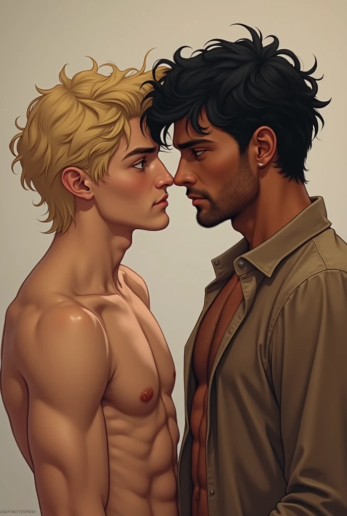 (Boylove) Two men , one with blond hair and one with black hair., these two are taking a portrait together.