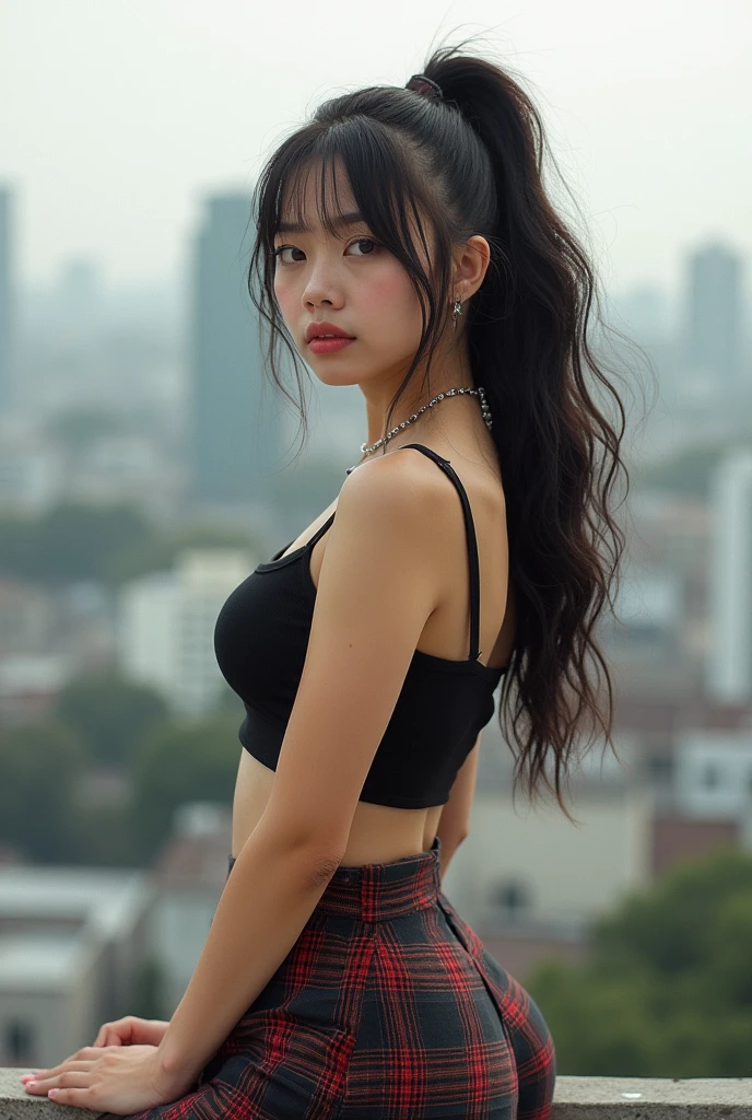 analog film photo, photo of a young punk woman, amber eyes, layered emo ponytail, tan complexion, Japanese ethnicity, tall stature, curvy, voluptuous hourglass figure, busty bosom, full wide hips, plump round buttocks, wearing a crop top and a plaid skirt, posing on a Tokyo rooftop, RAW Photograph, dslr, soft lighting, high quality, film grain, Fujifilm XT3, detailed skin with visible pores, insane details, masterpiece, 8k, 35mm photograph, dslr, kodachrome, faded film, desaturated, grainy, vintage, Lomography, stained, highly detailed, found footage, close-up shot