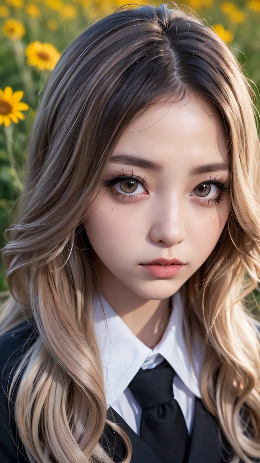 Realistic, masterpiece, Highest quality, Highest Resolution, Japanese schoolgirl, , Upper body photo, Looks sleepy, inattention, Open your mouth, Beautiful and detailed eye drawing, (Droopy eyes:1.3), Dark Eyes, Thin eyebrows, Draw eyelashes carefully, Eyelash extensions, Gal Makeup, Orange Cheek, (Brown and white wavy hair with white mesh, Long Hair, middle part:1.3), (Hidden eyelid wrinkles:1.3), (Gothic uniform:1.2), (The subject was photographed from above at an angle:1.3), (Flower Field:1.3), (Face close-up, Stand up and try to impress the audience:1.5)