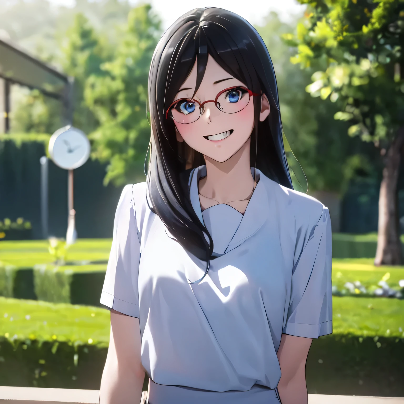 คุณภาพดีatสุด, Masterpiece, high resolution, alone, (garden:1.13), Asuka_Tanaka,  black_hair, long_hair, glasses, light blue_eyes,  red frame_glasses, beyond the edge_glasses, semi borderless_glasses, hair_between_eyes, 1 woman,  watch_at_ผู้watch, smile, (Thai school uniform:1.4), (High school student uniform)(white short sleeve shirt:1.2), (กระโปรงlongจับจีบblack:1.2),