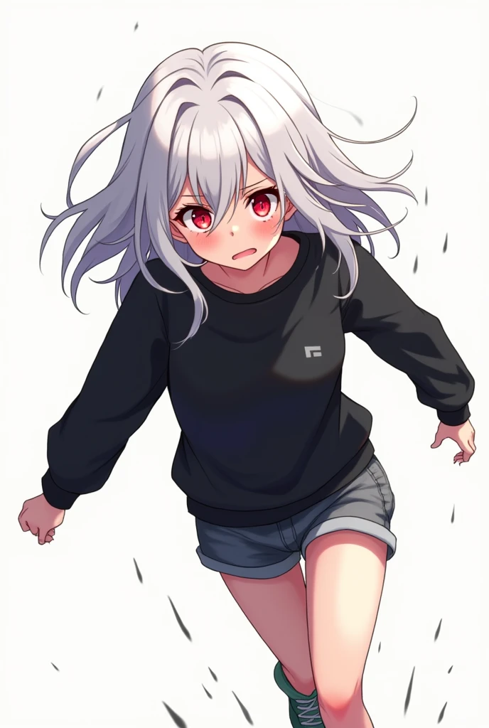 Anime girl with long white hair and red eyes wearing a black sweatshirt who is running away from someone while being scared and the background of the image is white
