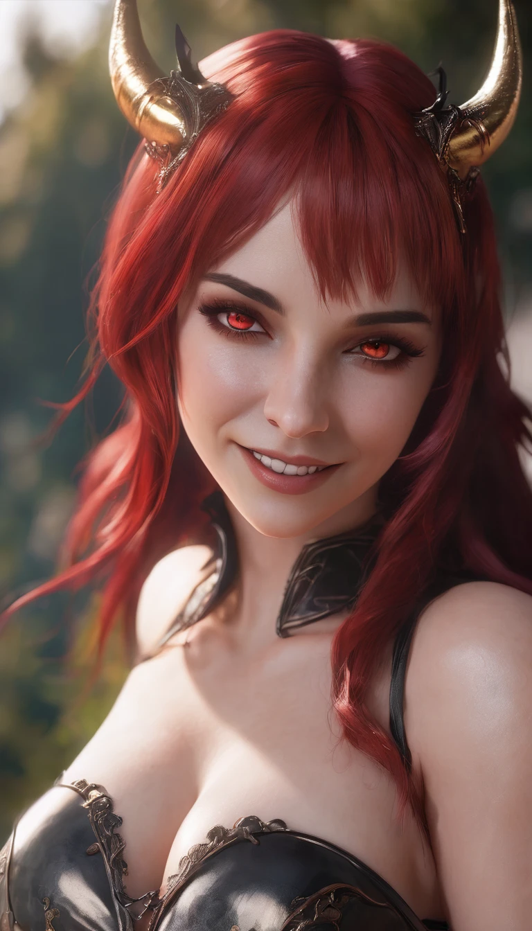 (Best quality, a high resolution, photorealistic), succubus dorothea, 19 years, Passionately loves sex, huge breasts, wide hips, Straight red hair, Red eyes, standing looking at the viewer, smiling lustfully, smiling moans, full length view