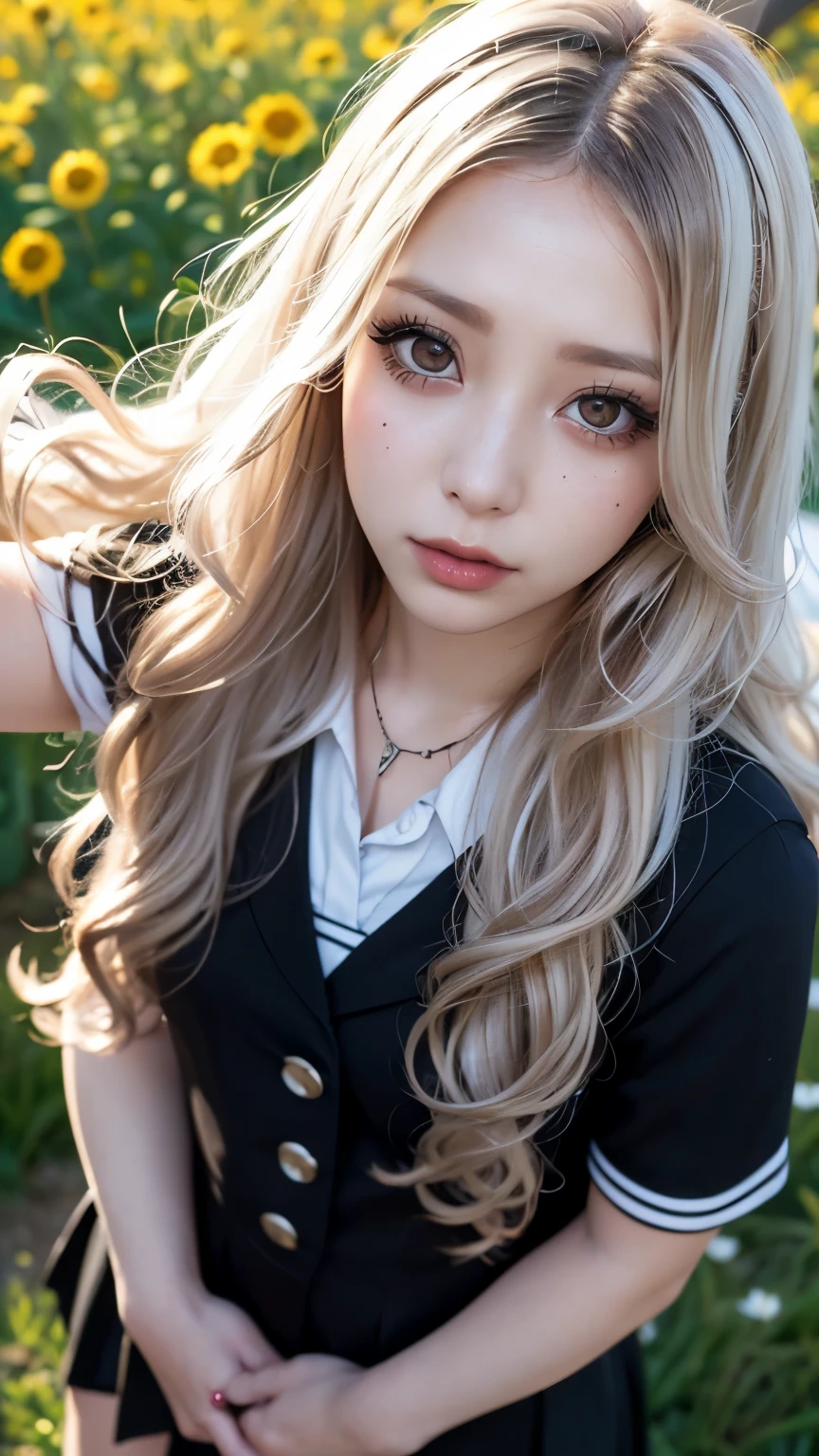 Realistic, masterpiece, Highest quality, Highest Resolution, Japanese schoolgirl, , Upper body photo, Looks sleepy, inattention, Open your mouth, Beautiful and detailed eye drawing, (Droopy eyes:1.3), Dark Eyes, Thin eyebrows, Draw eyelashes carefully, Eyelash extensions, Gal Makeup, Orange Cheek,  (Brown and white wavy hair with white mesh, Long Hair, middle part:1.3), (Hidden eyelid wrinkles:1.3), (Gothic uniform:1.2), (The subject was photographed from above at an angle:1.3), (Flower Field:1.3), (Face close-up, Stand up and try to impress the audience:1.5)