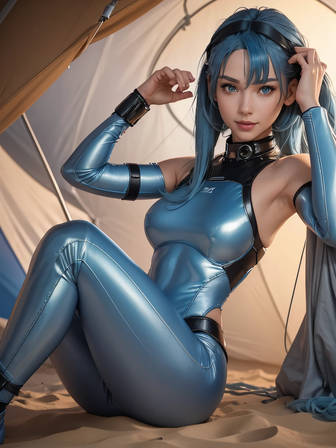 ighly detailed , 8k resolution, masterpiece, one girl,(Full figure:1.2), (nine heads and bodies:2.0), (thin hips), (thin and long legs: 2.0), (pumps:1.2), (blue hair:1.5) , Glossy leather, 25 years, happy face, girl smiling, joy, pink lips, parted lips, ( Hair parted to one side:1.5), High Light, light blue eyes, sexy cute young woman, ( tight gray space suit :1.3), Almond eye, (detailed face), firm breasts, slim body shape, athletic waist, athletic toned butt, Beautiful hands, athletic shoulders, look at the audience, The woman poses sitting for a photo., modest pose, standing facing forward, composition, depicting a line from the knees to the head, Sand dunes, planet Araxis, add sci-fi, a girl in a tent, a lantern in a tent, Sand dunes, rocks, tent, oasis, Dark time of day, neon lighting