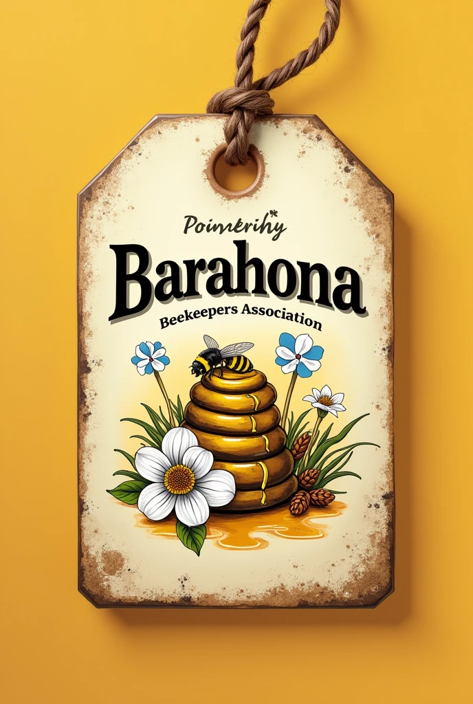 Generate me a Honey tag, that can be seen from the front on a 2d plane, that puts Barahona, and also Beekeepers Association, that carries a bee and a white bayahive flower, with a small Dominican flag.