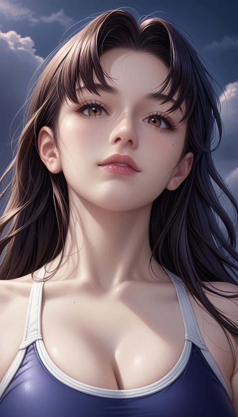 score_9, score_8_superior, score_7_superior, High-resolution CG illustration,A masterpiece in 32K resolution,Highest quality,it is really amazing,Very detailed,Ultra-high resolution,Ultra-realistic,Realistic,Increased depth of field,Cinematic lighting,
Sexy mature Japan woman,
Straight long hair with black hair,Ultra-detailed and beautiful face,Calm and gentle look,Beautiful brown eyes,Translucent white skin,Realistic skin texture,Great proportions,
Elegant dark navy swimsuit,
Simple design,Chic color scheme based on dark navy,Detailed fabric texture,
(Dark overcast sky on a dull night:1.1),(Dark clouds filling the sky:1.1),Thundercloud,Coastline at night,Stormy seas,delay々A desolate sandy beach that continues,
Cinematic,Low - Angle,
