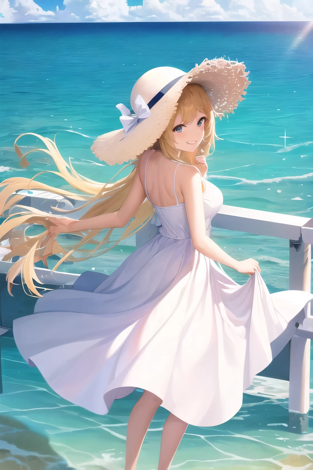 Absurd, One person, Ocean, handrail, White Dress, Sun hat, smile,