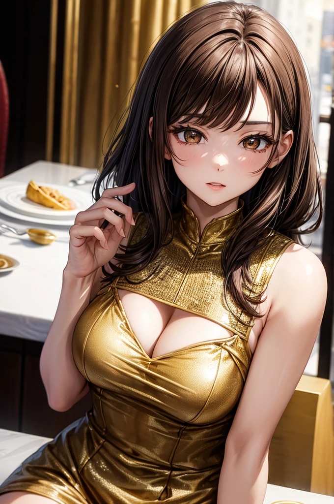 Adult female, Waist-length brown hair, Brown eyes, At a fancy dinner table, Gold short dress with diamonds