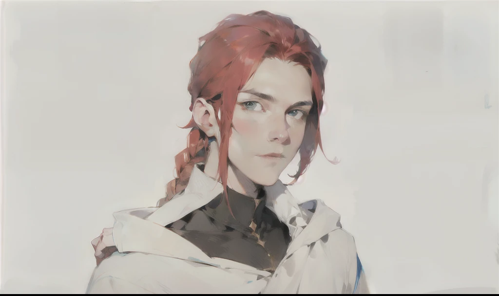 man, Red hair, braided into a tail, Blue eyes, White priestly robe, Shoulder-length portrait