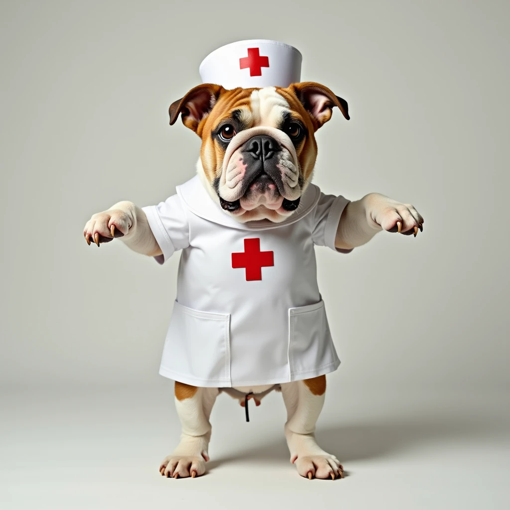 A bulldog with a large head, standing on its hind legs and with its forelegs raised, as if it were a human wearing a nurse's uniform.