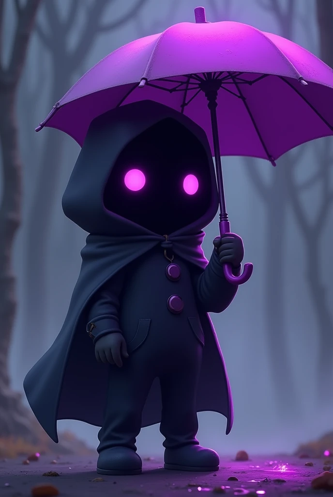 ((best qualityer)), ((work of art)), (detailded), Imagine a cartoon-style character, with a simple humanoid form, completely black, without facial details except for the eyes. These eyes are bright in a deep purple tone. They wear a hood that covers most of their head. The character has no mouth, which enhances their enigmatic aura. The figure conveys a sense of mystery and power, similar to the enigmatic atmosphere of Bill Cipher, but with a unique and distinct look. He is also using a purple umbrella with a bright purple aura.. 