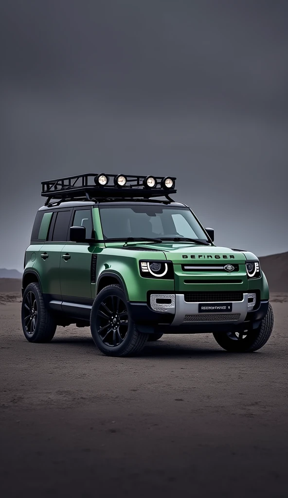 Brand new land rover greenish colour with ceramic coating, defender 110 with defender roof rack, side mounted gear carrier, roof lights. dark violet sky. Gray soil