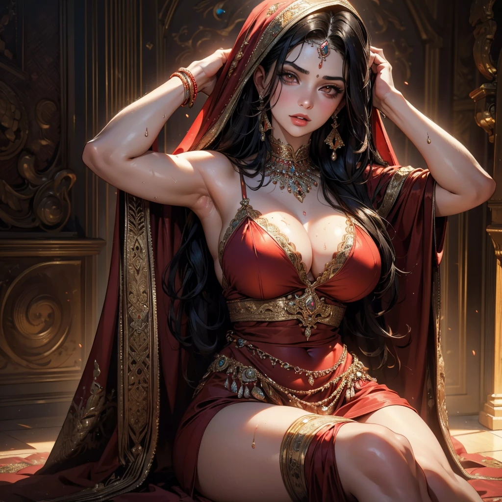 Single beautiful persian princess, wearing a fitted wet red sharara, long wavy black hair, visible extremely sweat dripping from armpits, fully body covered in extremely glistening and shining sweat, big breasts, white skin, backside visible with detailed facial features, beautiful detailed eyes, beautiful detailed lips, extremely detailed face, long eyelashes, portrait, (best quality,4k,8k,highres,masterpiece:1.2),ultra-detailed,(realistic,photorealistic,photo-realistic:1.37),dramatic lighting, warm color tones, vibrant colors