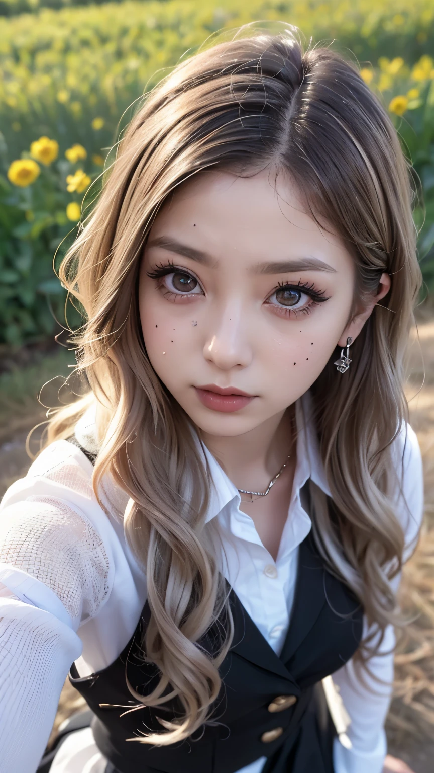 Realistic, masterpiece, Highest quality, Highest Resolution, Japanese girl, , Upper body photo, Looks sleepy, inattention, Open your mouth, Beautiful and detailed eye drawing, (Droopy eyes:1.3), Dark Eyes, Thin eyebrows, Draw eyelashes carefully, Eyelash extensions, Gal Makeup, Orange Cheek,  (Brown and white wavy hair with white mesh, Long Hair, middle part:1.3), (Hidden eyelid wrinkles:1.3), (Gothic uniform:1.2), (The subject was photographed from above at an angle:1.3), (Flower Field:1.3), (Face close-up, Stand up and try to impress the audience:1.5)