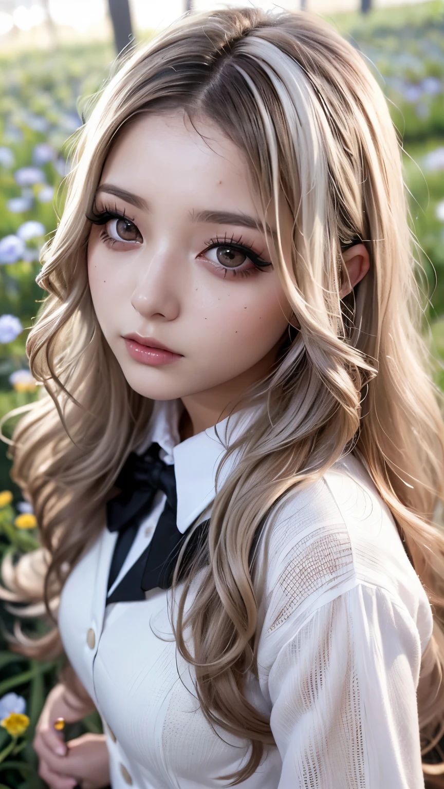 Realistic, masterpiece, Highest quality, Highest Resolution, Japanese schoolgirl, , Upper body photo, Looks sleepy, inattention, Open your mouth, Beautiful and detailed eye drawing, (Droopy eyes:1.3), Dark Eyes, Thin eyebrows, Draw eyelashes carefully, Eyelash extensions, Gal Makeup, Orange Cheek, (Brown and white wavy hair with white mesh, Long Hair, middle part:1.3), (Hidden eyelid wrinkles:1.3), (Gothic uniform:1.2), (The subject was photographed from above at an angle:1.3), (Flower Field:1.3), (Face close-up, Stand up and try to impress the audience:1.5)