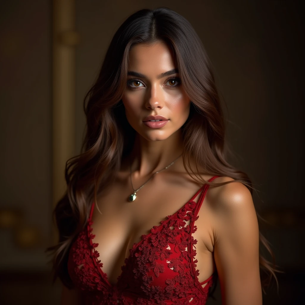 a woman in a luxurious dress posing for a photo, intricate detailed beautiful woman, perfect facial features, long straight brown hair, exquisite dress, high fashion, glamorous, elegant, Brazilian woman, 30 years old, slim fit body, 80 kilos, sexy, sensual, instagramart, hurufiyya, (best quality,4k,8k,highres,masterpiece:1.2),ultra-detailed,(realistic,photorealistic,photo-realistic:1.37),cinematic lighting,dramatic colors,vibrant colors,chiaroscuro,dramatic shadows