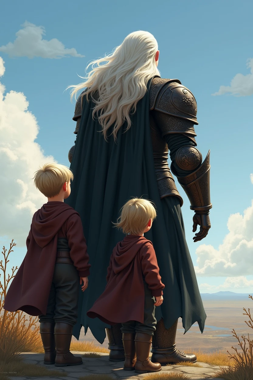 Three people with their backs turned, Father and sons,A large white-haired man with black armor, below the children, 2 twin 5-year-old children looking at the horizon.