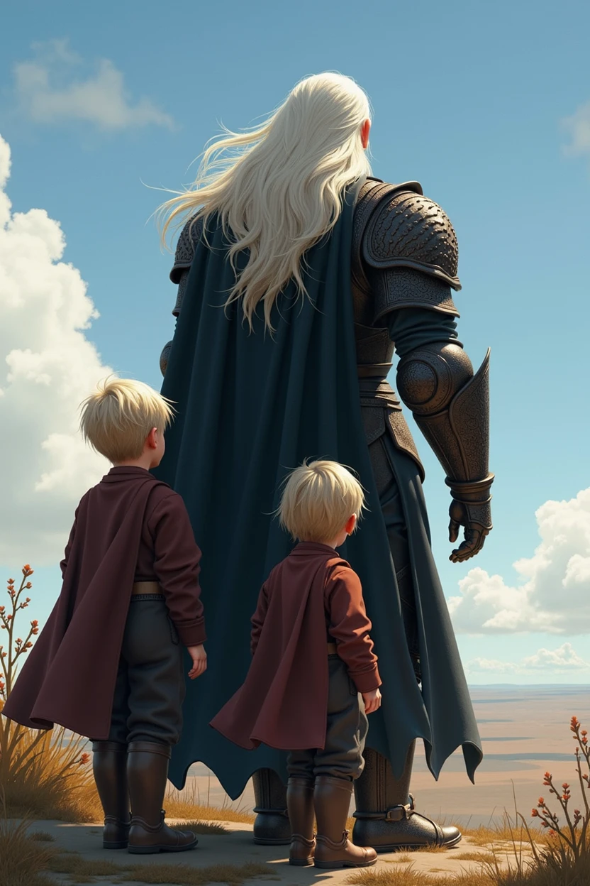 Three people with their backs turned, Father and sons,A large white-haired man with black armor, below the children, 2 twin 5-year-old children looking at the horizon.