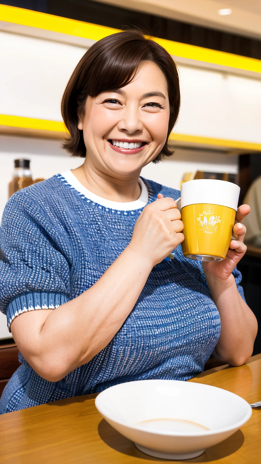 8k wallpaper, masterpiece, Highest quality, Very detailed, One Mature Woman, 50 years old, Become very clear, Wearing a short-sleeved knit, Skin dents, Captivating smile, Looking at the audience, No lapel microphone, Plump, Curvaceous, Attractive face, Smiling with teeth showing, I was happy, sitting in a cafe, Background Blur
