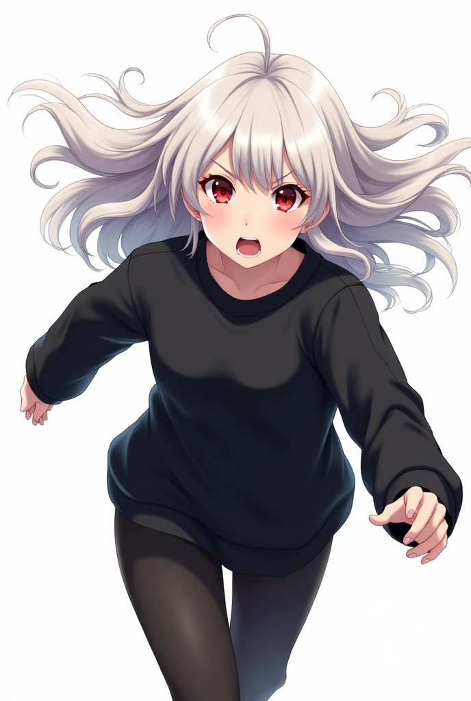 Anime girl with long white hair and red eyes wearing a black sweatshirt who is running away from someone while being scared and the background of the image is white
