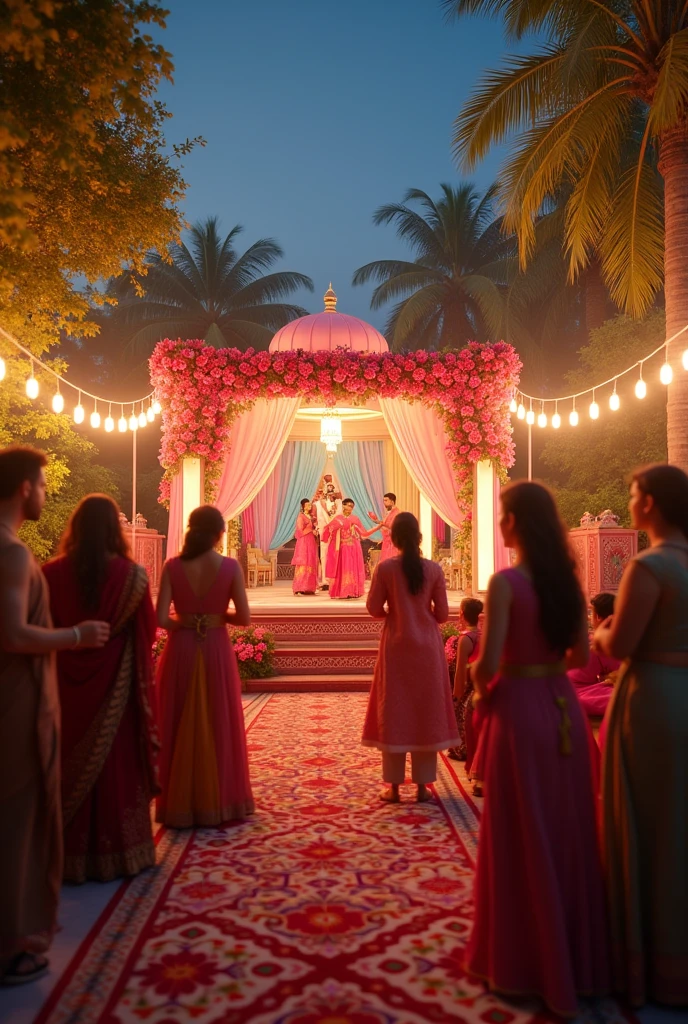 Create a vibrant and festive image of a Mehendi and Sangeet ceremony held in the lush garden of Radisson Blu Udaipur. The setting features elegant floral decorations, traditional Rajasthani elements, and colorful drapes. Guests are dressed in traditional attire, enjoying lively music and dance performances. The garden is beautifully lit with fairy lights and lanterns, creating a magical and joyous atmosphere. Include a stage area for performances and intricate mehendi (henna) designs being applied to guests' hands.