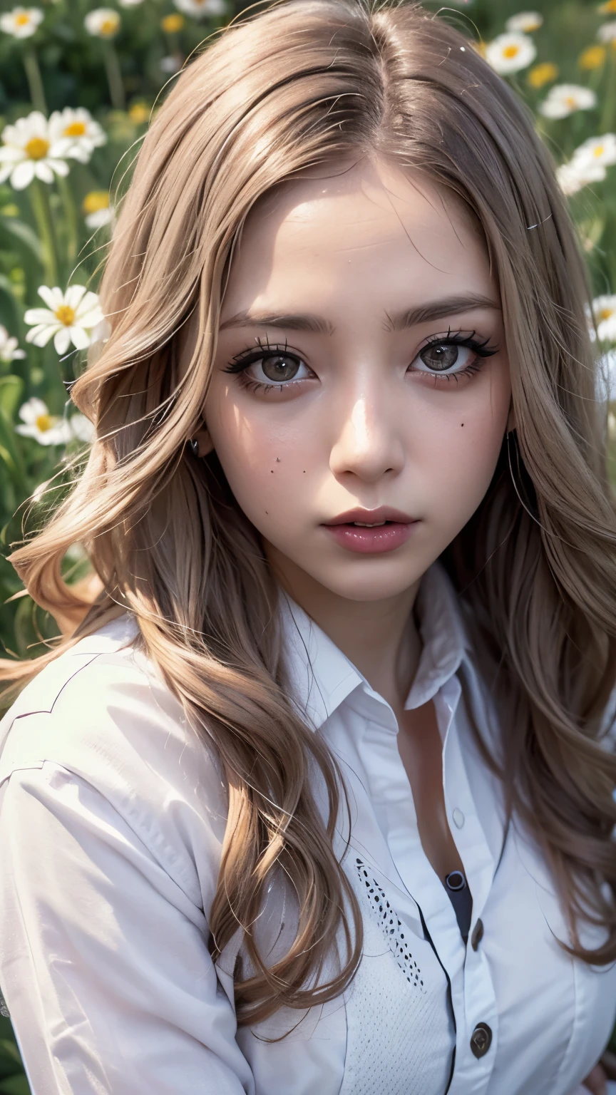Realistic, masterpiece, Highest quality, Highest Resolution, Japanese schoolgirl, , Upper body photo, Looks sleepy, inattention, Open your mouth, Beautiful and detailed eye drawing, (Droopy eyes:1.3), Dark Eyes, Thin eyebrows, Draw eyelashes carefully, Eyelash extensions, Gal Makeup, Orange Cheek,  (Brown and white wavy hair with white mesh, Long Hair, middle part:1.3), (Hidden eyelid wrinkles:1.3), (Gothic uniform:1.2), (The subject was photographed from above at an angle:1.3), (Flower Field:1.3), (Face close-up, Stand up and try to impress the audience:1.5)