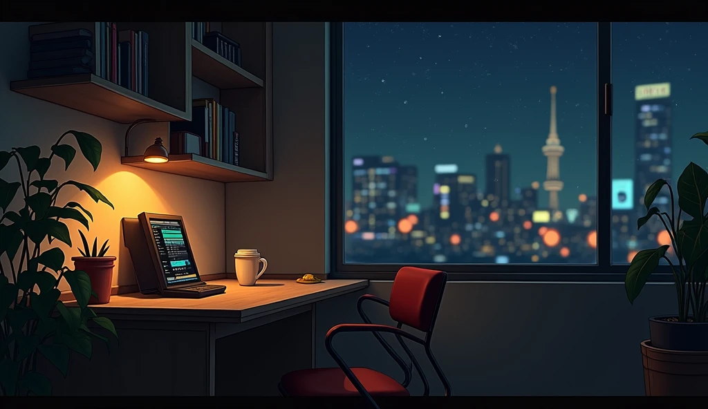 LOFI,night、record、indirect lighting、JAZZ、Anime Style、Latte Art