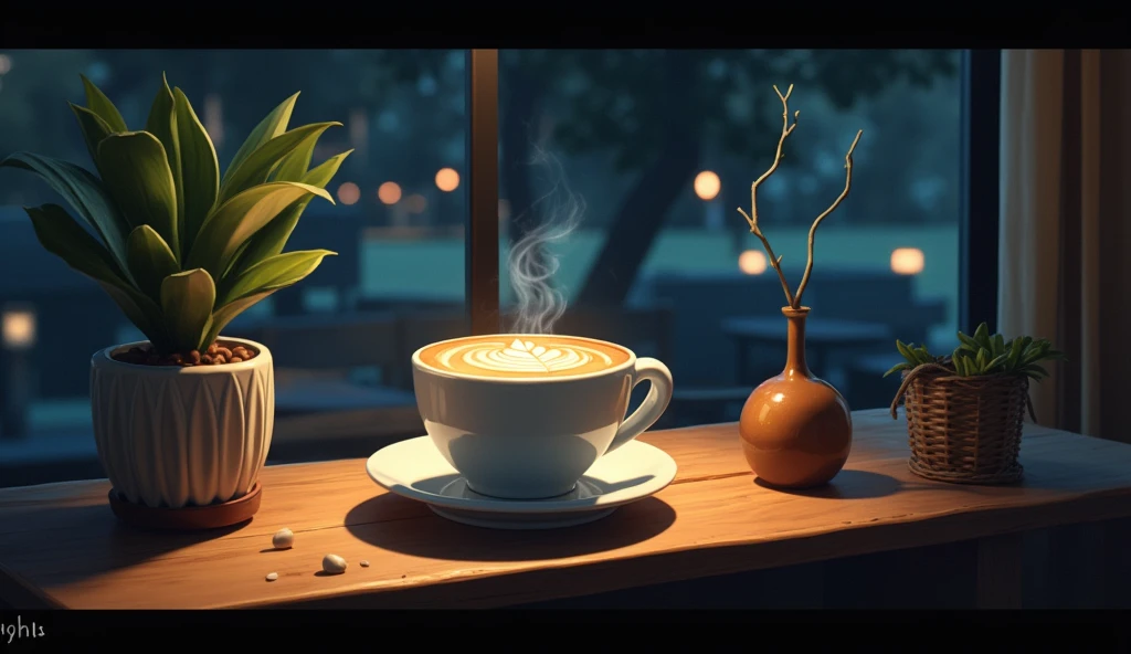 LOFI,night、record、indirect lighting、JAZZ、Anime Style、Latte Art