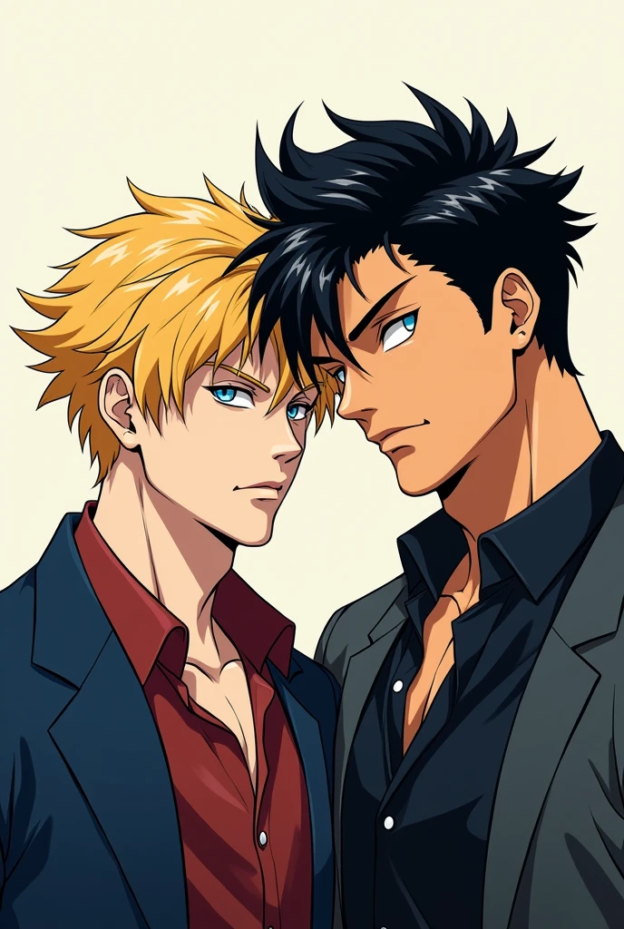 (anime draft) Two men , one with blond hair and one with black hair., these two are taking a portrait together.