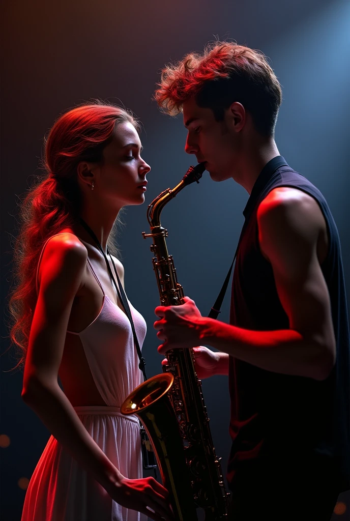 One girl and boy do sax hot seen 