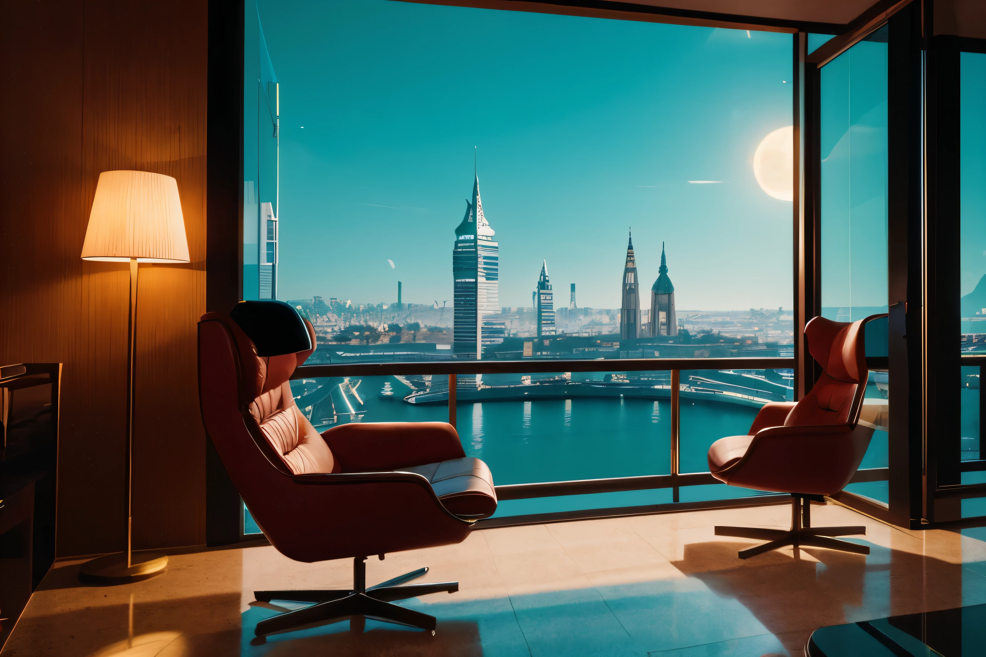 4k image from a 1960s science fiction film by Wes Anderson, Filme O Grande Hotel Budapeste, city with a blue, red, green and yellow neon colors vibrant at night through a window, big city retro futuristic neon, blade runner style, Retro-futuristic from the 60s with old robots, Luz Natural, Psicodelia, futurista estranho, retro-futurista, photo-realistic, blurred background, solitude, sadness, lonely man, a misterious man with his back inside an room with a view of a skyscraper, leather armchairs,

