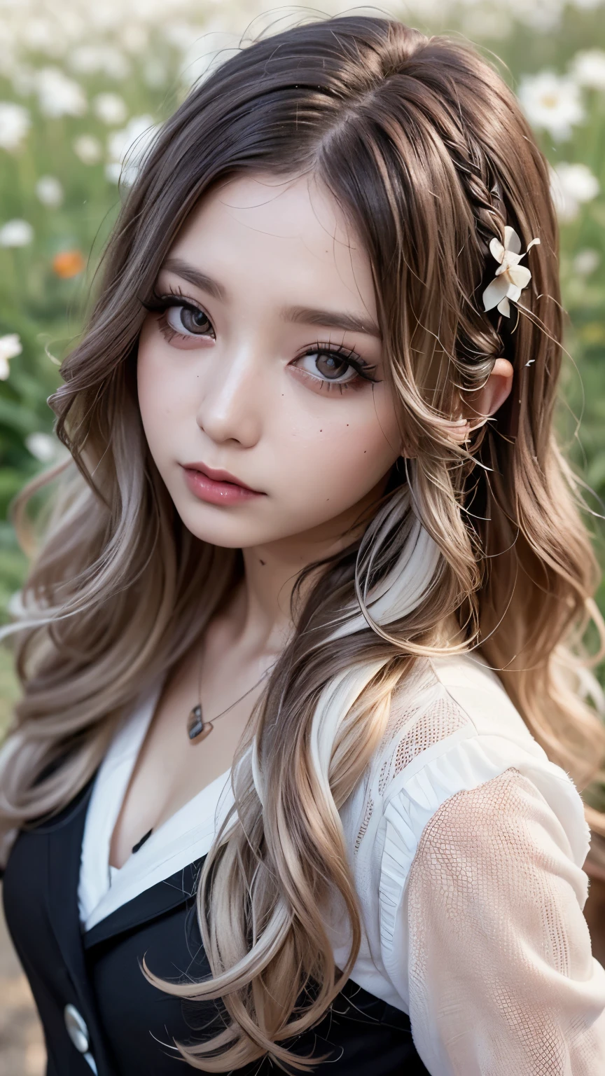 Realistic, masterpiece, Highest quality, Highest Resolution, Japanese schoolgirl, , Upper body photo, Looks sleepy, inattention, Open your mouth, Beautiful and detailed eye drawing, (Droopy eyes:1.3), Dark Eyes, Thin eyebrows, Draw eyelashes carefully, Eyelash extensions, Gal Makeup, Orange Cheek,  (Brown and white wavy hair with white mesh, Long Hair, middle part:1.3), (Hidden eyelid wrinkles:1.3), (Gothic uniform:1.2), (The subject was photographed from above at an angle:1.3), (Flower Field:1.3), (Face close-up, Stand up and try to impress the audience:1.5)