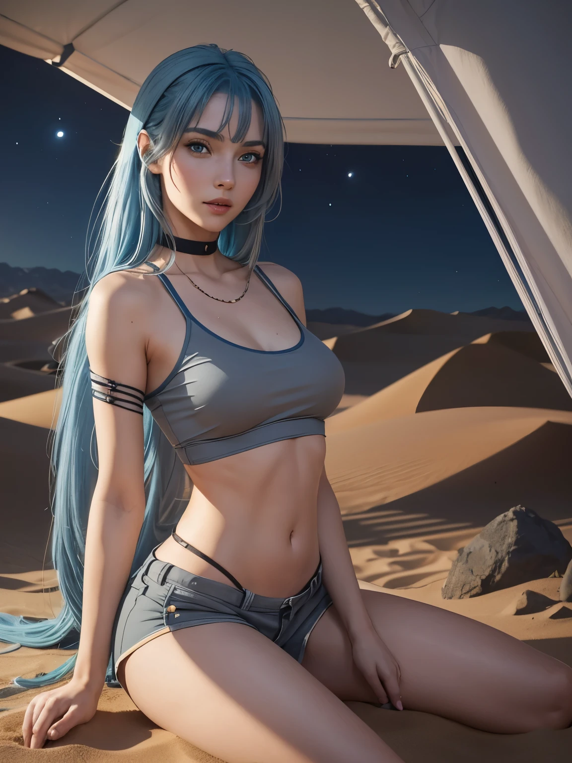 highly detailed , 8k resolution, masterpiece, one girl,(Full figure:1.2), (nine heads and bodies:2.0), (thin hips), (thin and long legs: 2.0), (pumps:1.2), (blue hair:1.5) , Glossy leather, 25 years, cute sexy beautiful face, pink lips, parted lips, ( Hair parted to one side:1.5), High Light, light blue eyes, SEXY FACE, sexy cute young woman, ( tight gray top and shorts :1.3), (complex parts: 1.2), Almond eye, (detailed face), Beautiful smile, My cheeks turned red, firm breasts, slim body shape, athletic waist, athletic toned butt, Beautiful hands, athletic shoulders, look at the audience, The woman poses sitting for a photo., modest pose, standing facing forward, Straightens hair, to rest one's head on one's knee, composition, depicting a line from the knees to the head., Sand dunes, planet Araxis, add sci-fi, a girl in a tent, a lantern in a tent, Sand dunes, interesting background details, rocks, night in the desert, futuristic tent, An oasis in the desert, night sky, neon lighting