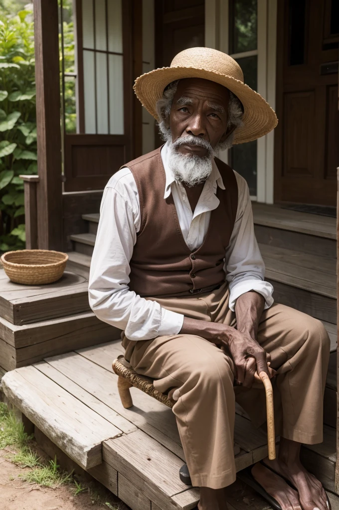 A man of advanced age, at least 75 years old, black with curly hair and white skin, sitting on a tree stump with his straw hat, this man lived as a slave and was freed, he has a cane and wears period clothing, In one hand he holds his cane resting on the ground and in the other he holds his pipe, Between his feet there is a plate with a cup of coffee and a cake, He is on the porch of his wooden house