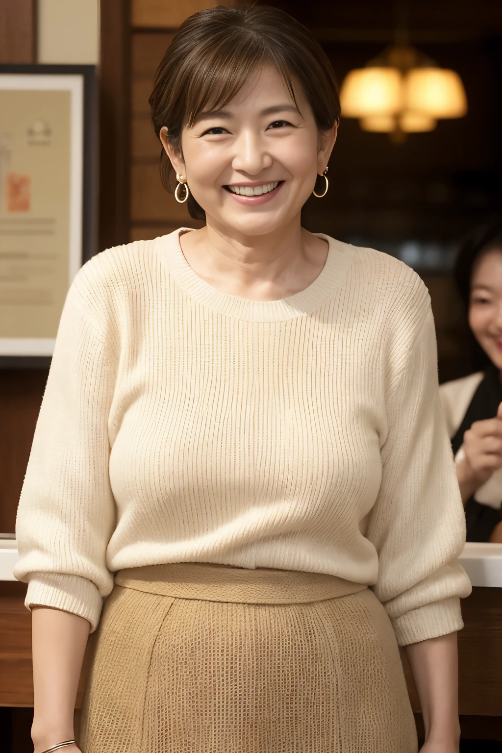 Osaka's aunt、Organic Photography、Highest quality、masterpiece、Ultra-high resolution、Beautiful Japanese old lady、60 years old、Looking at the audience、Elegant face、Smiling with teeth showing、Big Breasts、Wearing a plain short-sleeved knit、Short Hair、mini skirt、Earrings、A corner of a coffee shop, Background Blur