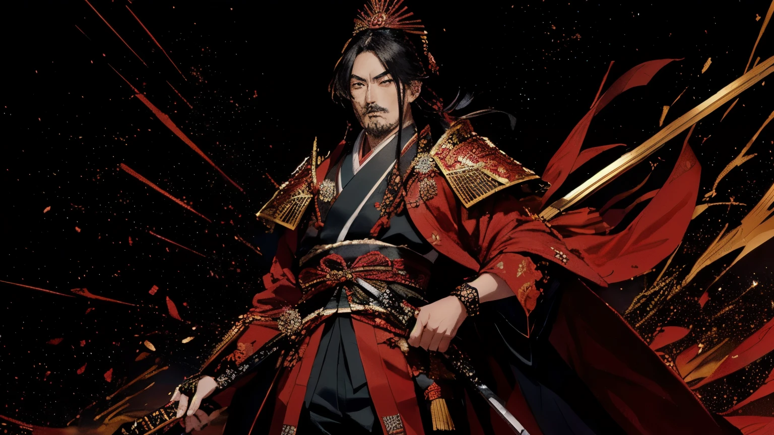 Oda Nobunaga in a striking and extravagant outfit, combining traditional Japanese armor with flamboyant European accessories. He is standing confidently, with a regal posture, and the background is filled with other samurai admiring his fashion.