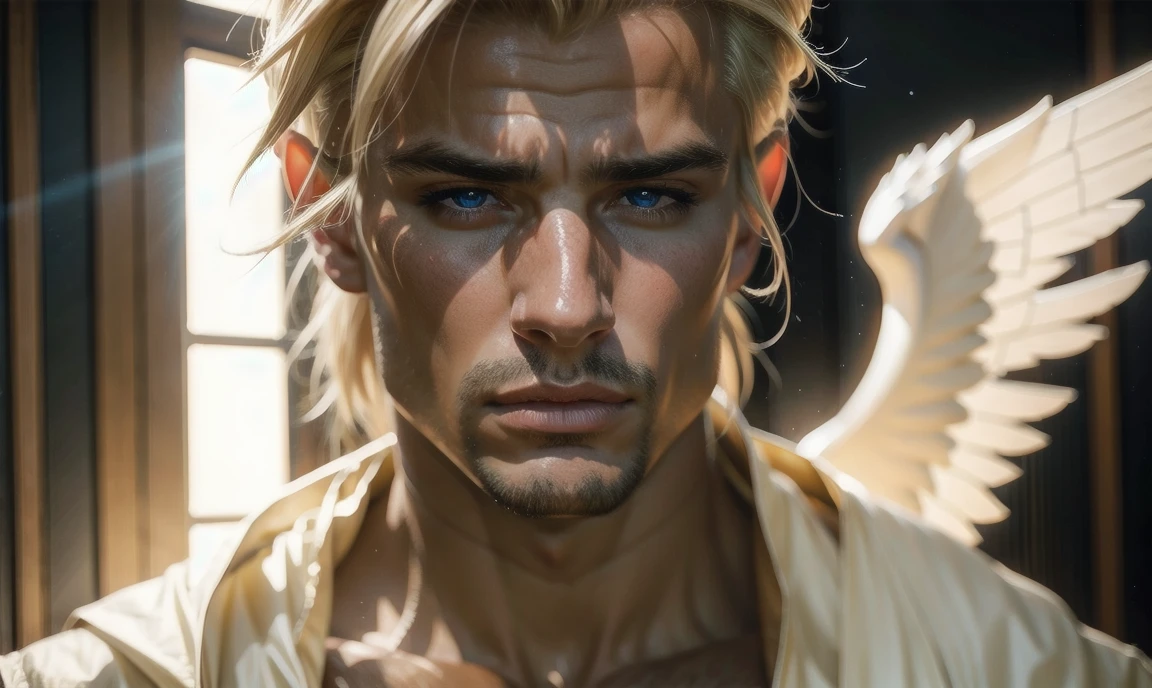[((highly detailed, detailed eyes, detailed face, clear and realistic facial features, photorealistic, realistic light, cinematic)), (1 man), (((((Gorgeous perfect sexy powerful masculine male angel))))), (((two large white wings))), ((faint halo)), ((((short blond hair, pale eyes)))), ((35 years old)), ((wearing flattering gauzy angelic clothes)), (((aura of divine power))), standing in a cozy apartment at nighttime, ((light blush)), ((imposing powerful pose)), (((wearing a troubled expression)))]