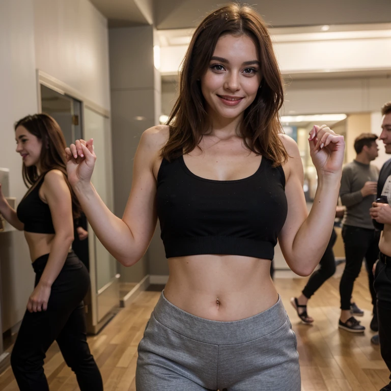 beautiful redhead woman , wearing cropped top and black pants , at a party , highy detailed, expression of happiness , 8k, 4k resolution, dynamic lighting, High definition resolution, vestindo roupa casual, clear eyes, wide hip, smiling, dancing, breasts big