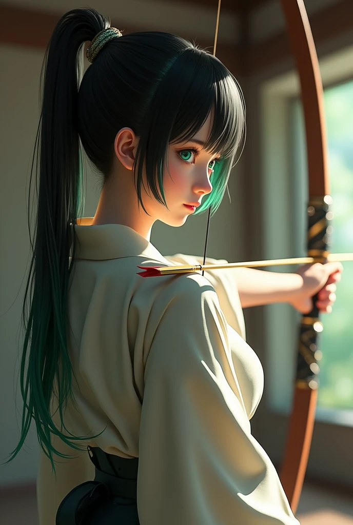 (masterpiece, photo_real, official art, octane-render):1.33, 1girl, back_view, kyudo, archery, traditional_clothing, hakama, yumi, shooting_target, focused_eyes, determined_expression,(detailed green eyes, jet-black hair,colored inner green ombre hair multicolored hair,antenna hair):1.21, tied_hair, dojo_background, Japanese_archery, dynamic_pose, perfect_form, elegant, traditional_sport, detailed_background, precise_aim, serene_atmosphere, traditional_culture, martial_arts, beautiful_girl, arrow_in_flight, traditional_uniform, concentration, calm_expression, traditional_dojo, Japanese_girl, archery_stance, poised, ethereal lighting