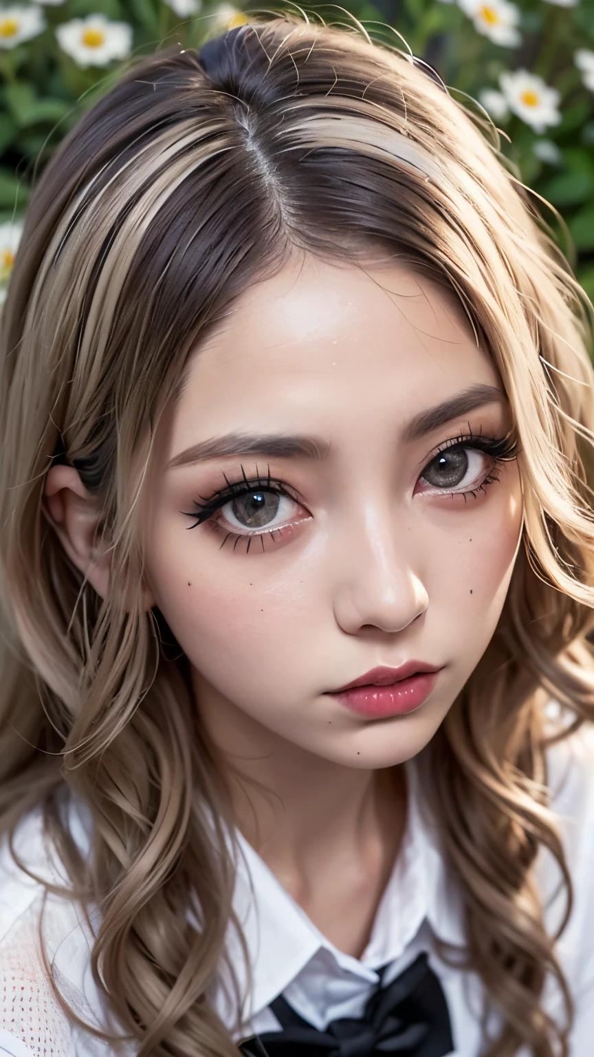 Realistic, masterpiece, Highest quality, Highest Resolution, Japanese girl, , Upper body photo, Looks sleepy, inattention, Open your mouth, Beautiful and detailed eye drawing, (Droopy eyes:1.3), Dark Eyes, Thin eyebrows, Draw eyelashes carefully, Eyelash extensions, Gal Makeup, Orange Cheek,  (Brown and white wavy hair with white mesh, Long Hair, middle part:1.3), (Hidden eyelid wrinkles:1.3), (Gothic uniform:1.2), (The subject was photographed from above at an angle:1.3), (Flower Field:1.3), (Face close-up, Stand up and try to impress the audience:1.5)