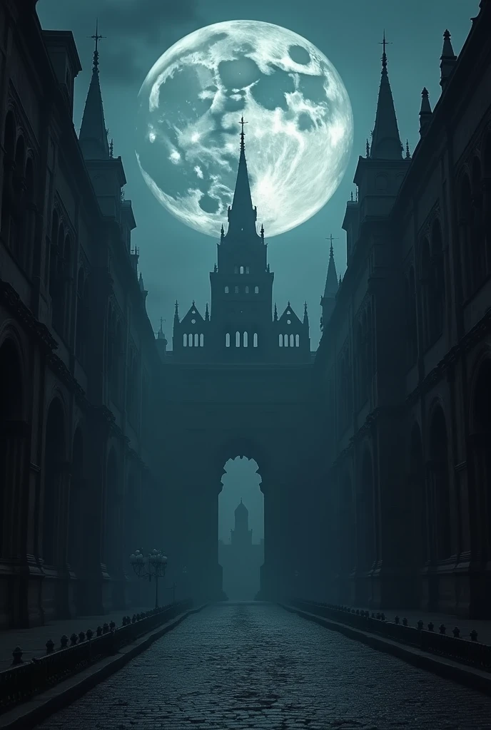 An image with a dark theme that takes us into the mysterious world of cinema，Huge full moon，Baroque architecture