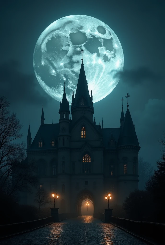 An image with a dark theme that takes us into the mysterious world of cinema,Huge full moon,Baroque architecture