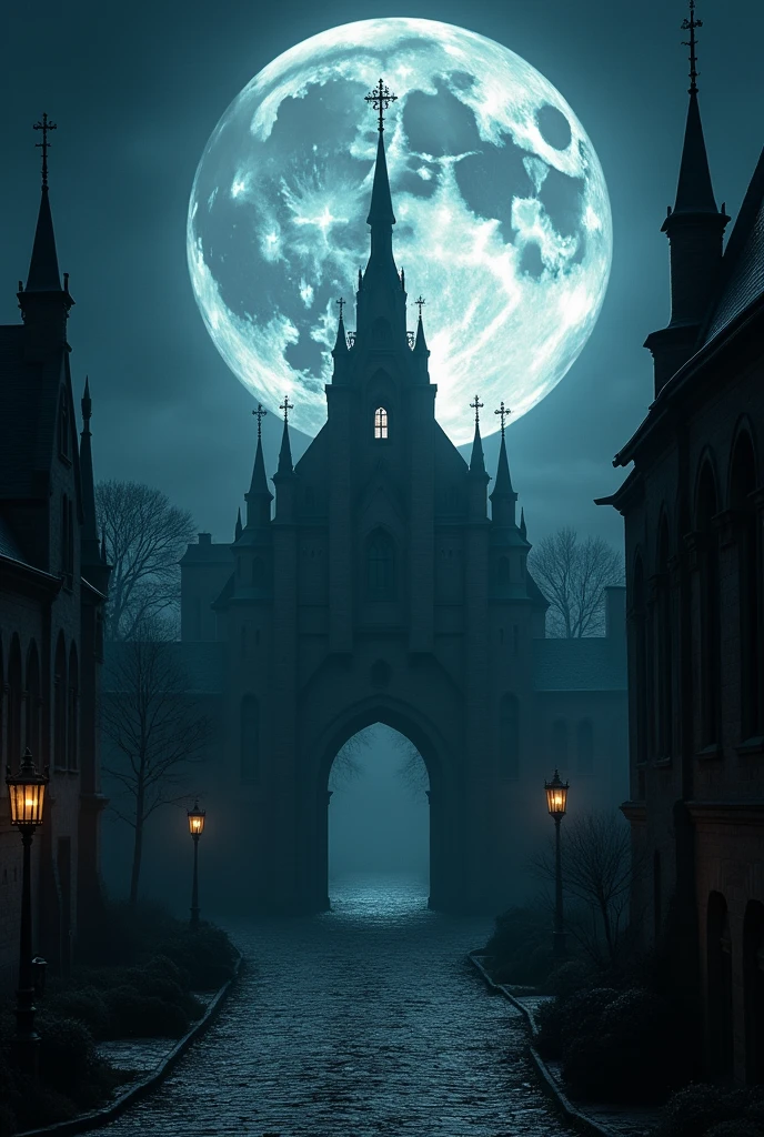 An image with a dark theme that takes us into the mysterious world of cinema，Huge full moon，Baroque architecture